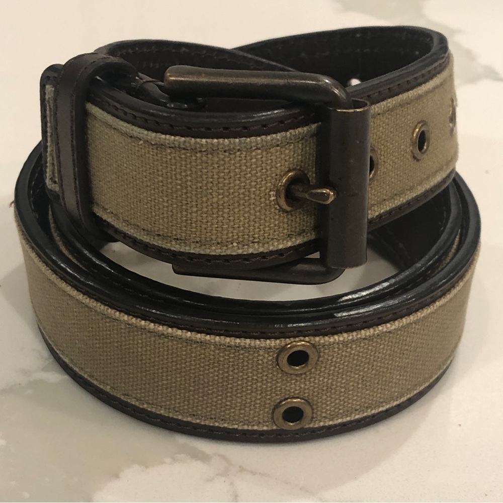 Semi-Vintage JCPenney Canvas Khaki Faux Leather Safari Grommet Belt 30-32.